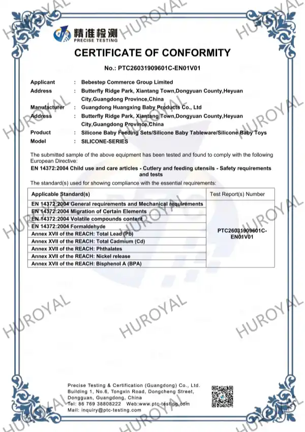 EU EN14372 tableware standard + lead, phthalate, BPA, CE certificate - PTC26031909601C-EN01V01_01
