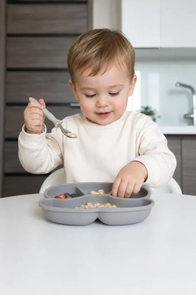 A baby is using silicone plate to eat oatmeal